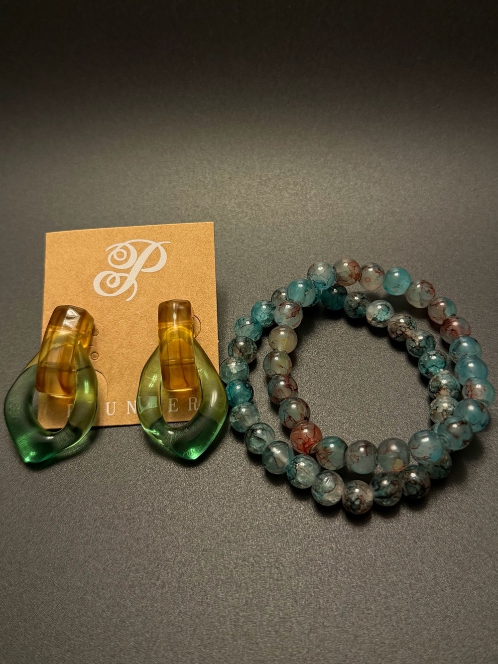 Plunder Earrings with Two 8mm Glass Bead bracelets